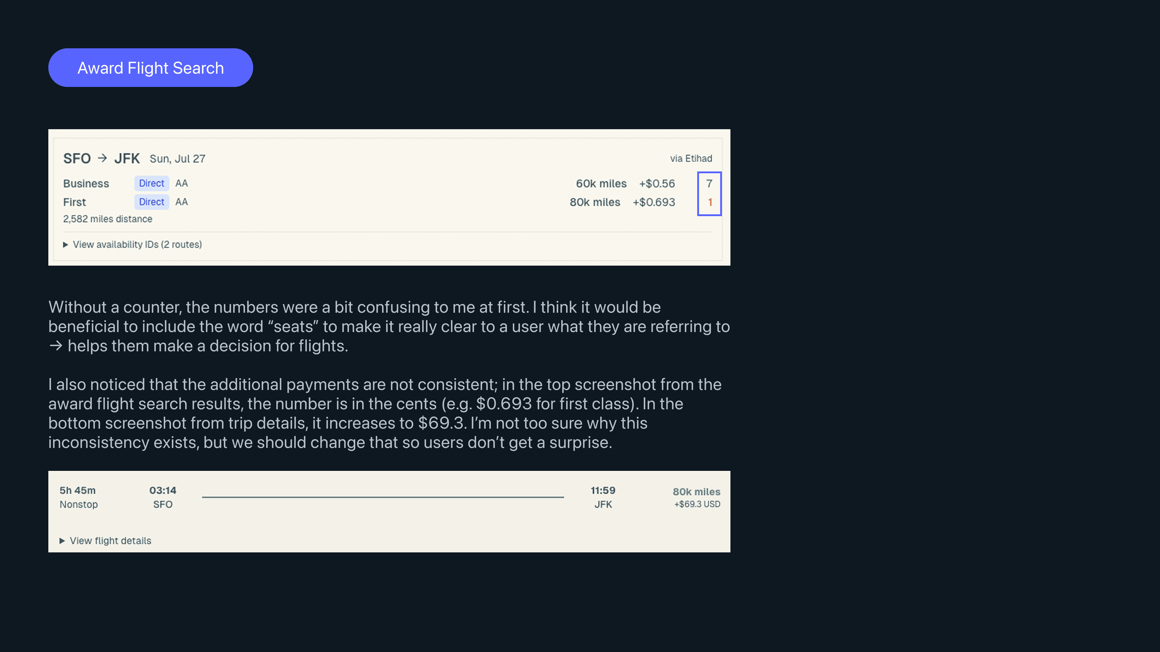 Slide showing award flight search results and issues.