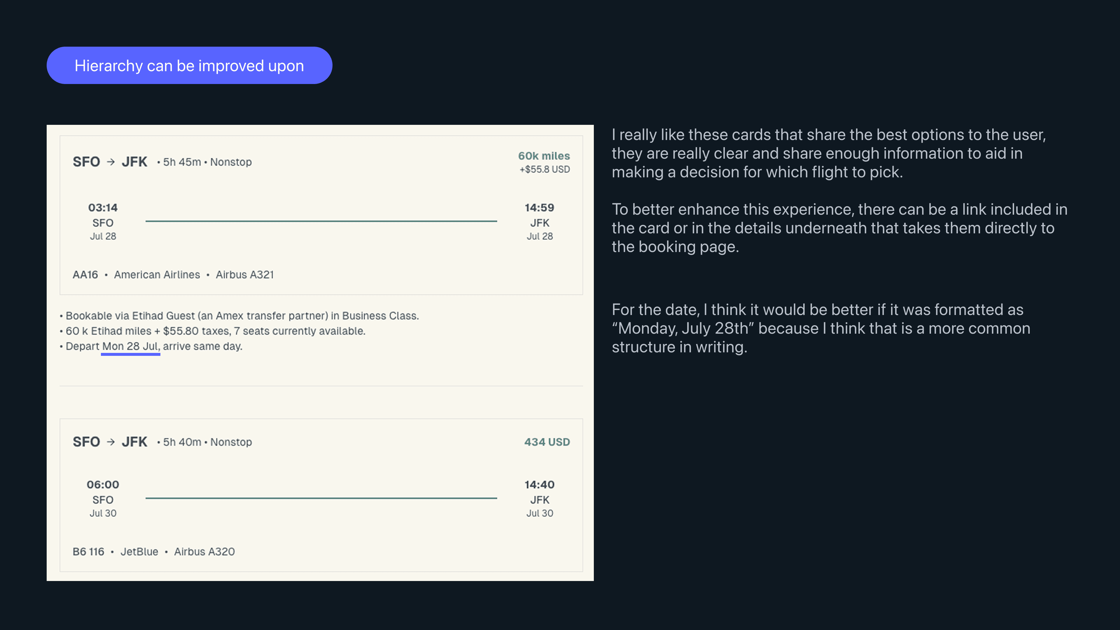Slide reviewing booking flow hierarchy opportunities.