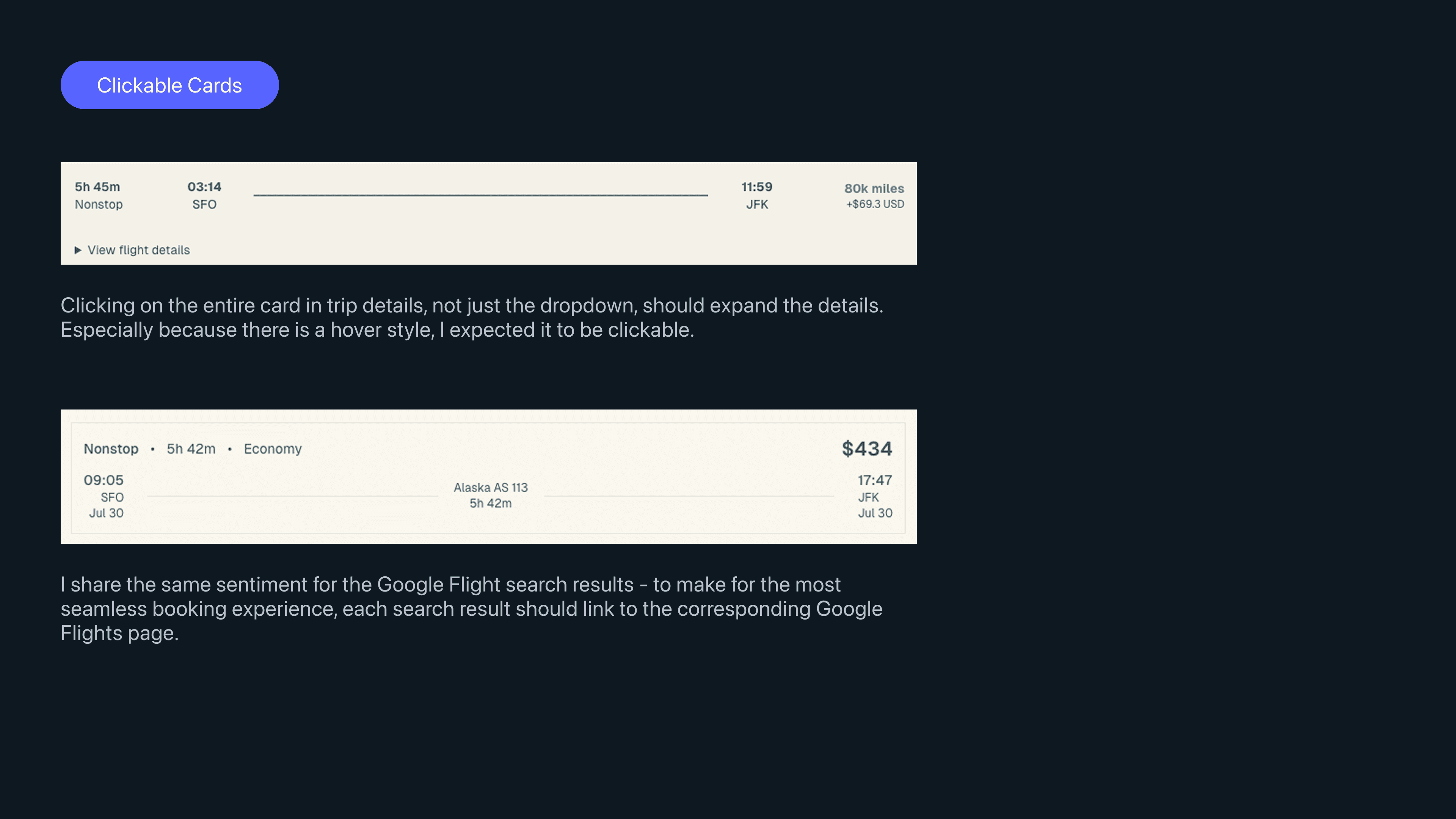Slide suggesting more clearly clickable card components.