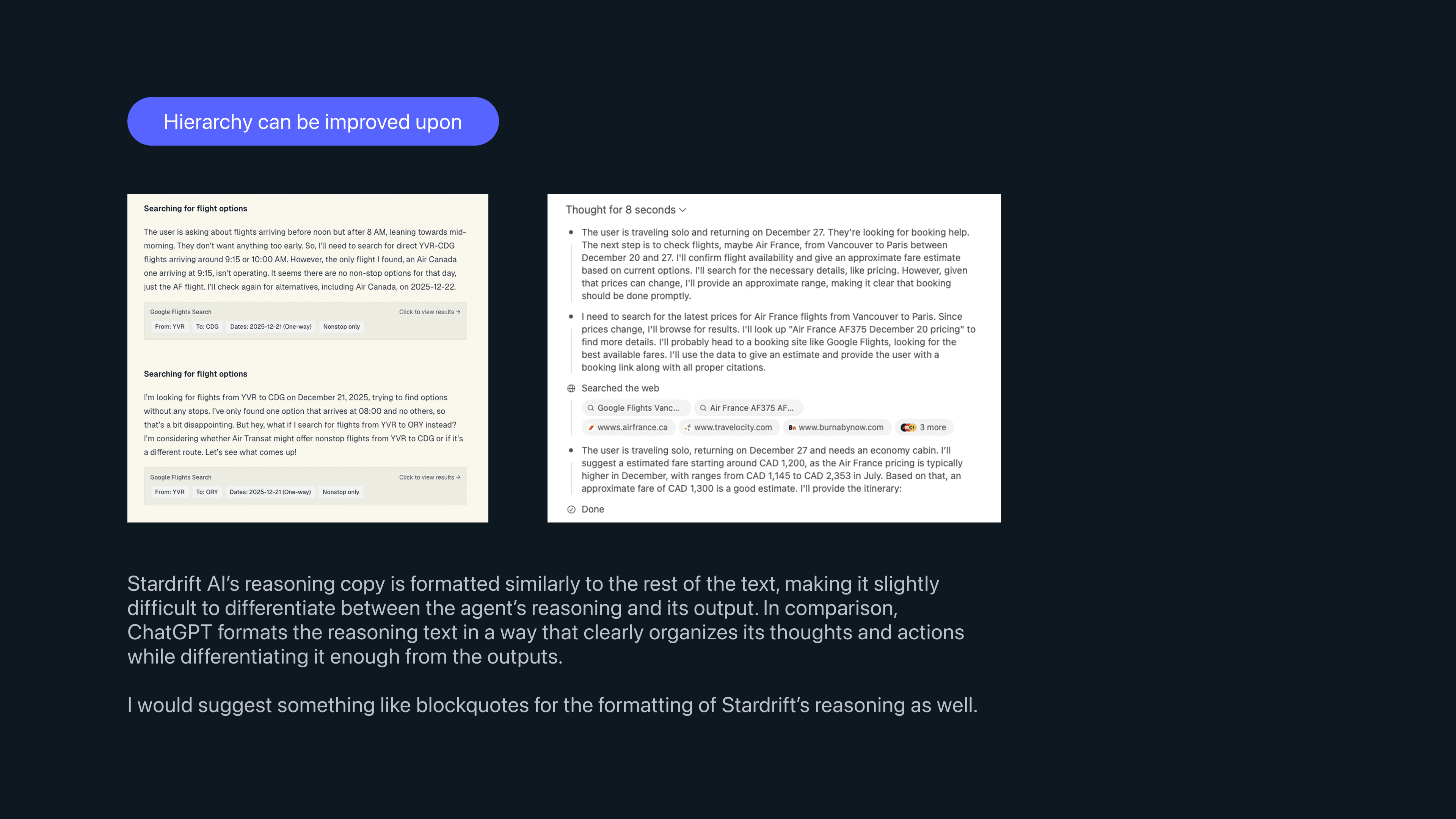 Slide proposing improvements to the information hierarchy.