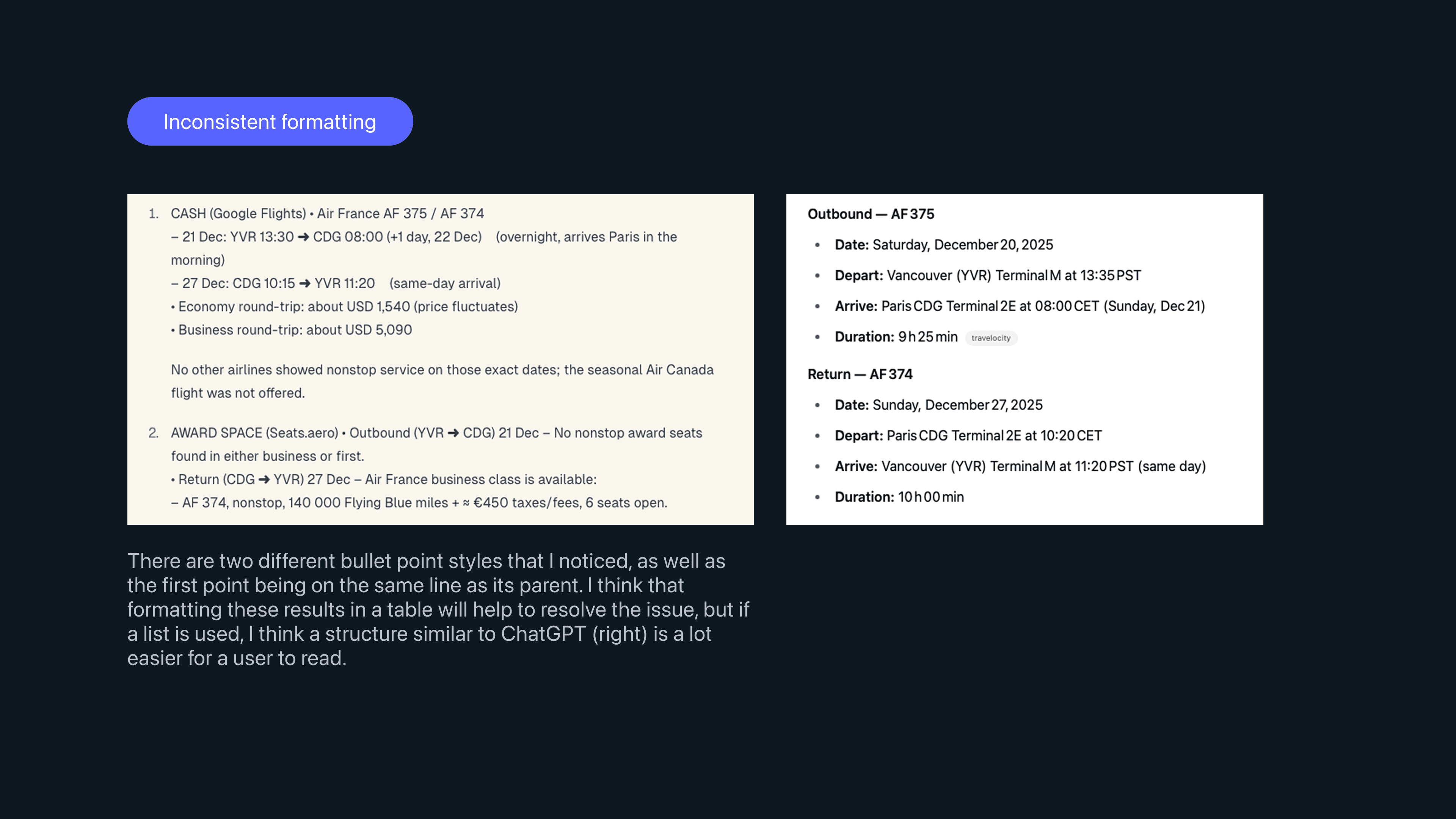 Slide calling out inconsistent formatting patterns in the interface.